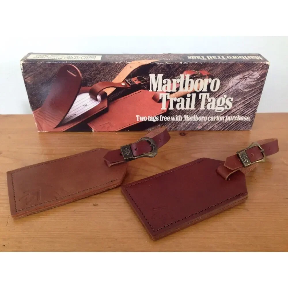New NIB Vintage Pair of 80s 90s Marlboro Trail Leather Luggage Address Tags